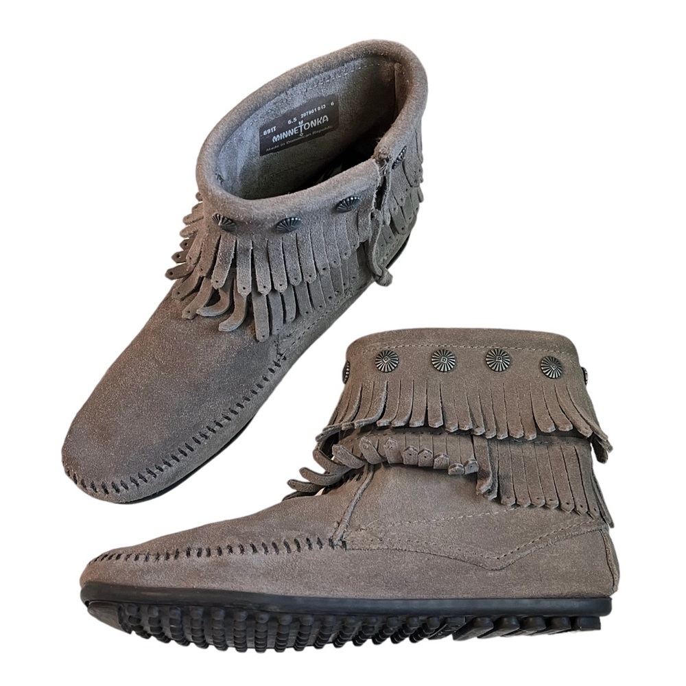 Minnetonka Gray Suede Moccasin Ankle Booties